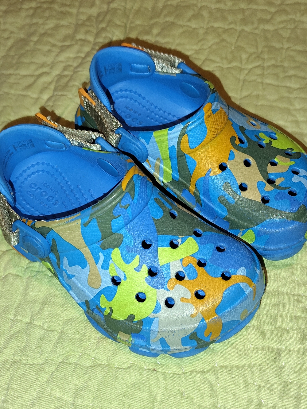 CROCS Kids Blue Camo Classic Clog with Orange & Green Accents